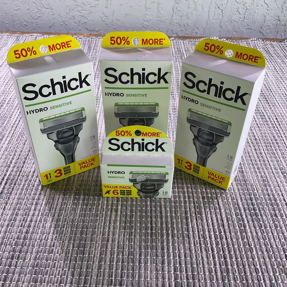 3x Schick Hydro SENSITIVE 5 Blade: Razor Handle +3 Cart Refill Plus 1x 6 Refill